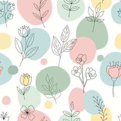 Illustration of pastel-colored flowers and leaves arranged in a seamless pattern with abstract shapes viewed from directly above
