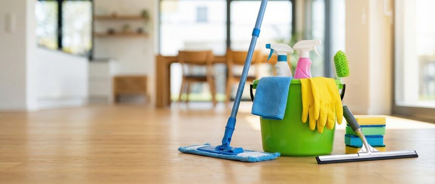 Cleaning action in a modern home setting with essential supplies on a polished floor bright natural light and a focus on home care and maintenance