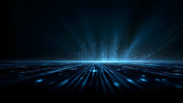 High speed data connection abstract background showing perspective lines of blue light moving toward bright horizon with floating data particles representing technology and fiber optics network