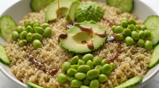 Delicious quinoa bowl with avocado, edamame, cucumber, and teriyaki glaze