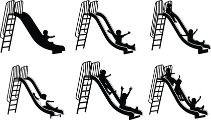 Children playground slide silhouettes set showing kids sliding down park play equipment, childhood outdoor activity and fun recreation moments isolated on white background © Shahariar's World