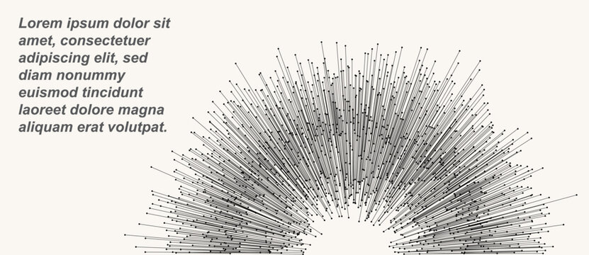 Abstract radial lines with dots at ends in semicircle form. Minimalist vector illustration of circular data burst or network connectivity. Technical background for web and print design.