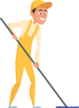 Professional janitor mascot moping floor. Happy character