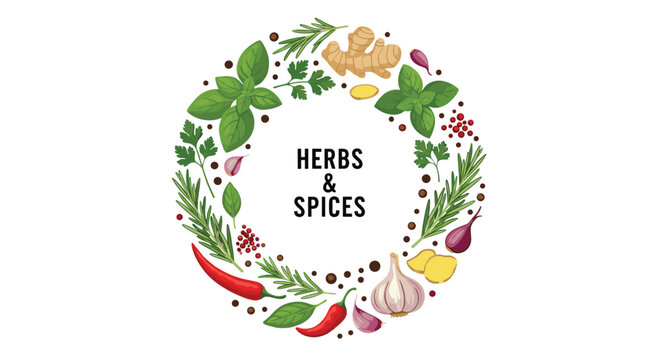 A circular wreath frame made from a variety of fresh culinary herbs and spices like basil, rosemary, garlic, and chili peppers.