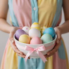 biomechanical, easter-themed portrait of a woman holding a white bowl of eggs adorned with pink ribbon