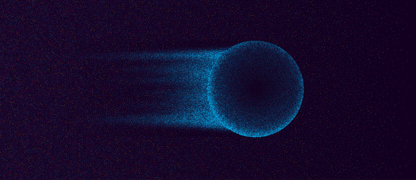 Abstract blue dotted sphere with a motion trail on a dark background. Vector particle ball for technology, big data and space concepts. Dynamic energy flow and digital connectivity.