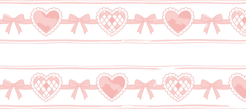 Pink Watercolor Lace Heart and Bow Border Vector