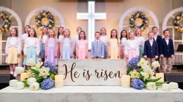 Children choir singing in church during Easter service. Group of girl and boy worshiping with religious sign saying He is risen. Christian holiday concert in front of glowing cross.