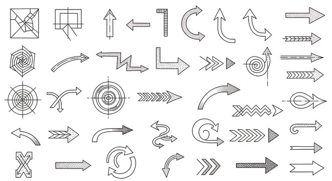 Fine Liner Technical Hand Drawn Arrow Set - 30 Precision Detailed Directional Doodles on White - Intricate Pen Collection for Technical and Architectural Design