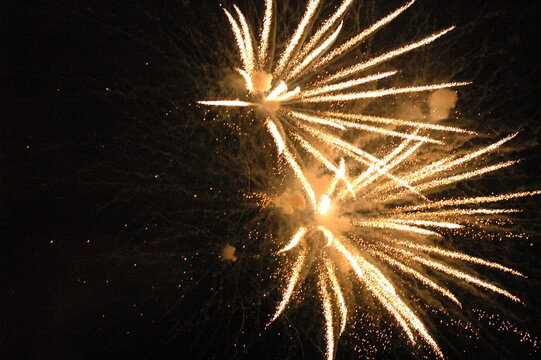 Fireworks in the night sky. Japanese hanabi taikai or firework display and show in summer in Japan