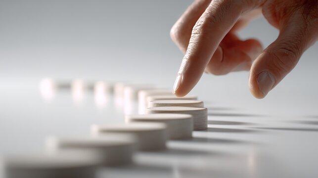 A Creative Hand Gently Touching Circular Wooden Tokens on a Surface