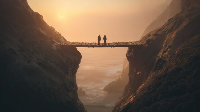 Two people standing together on a narrow bridge at sunset symbolizing trust, connection, support and alliance in a therapeutic relationship.