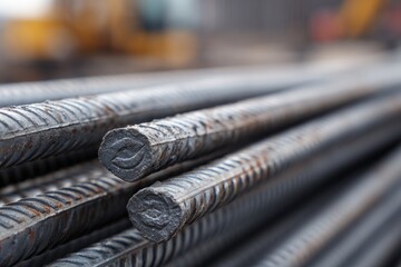 Close-up of steel reinforcement bars for concrete construction at a building site, metal industrial texture