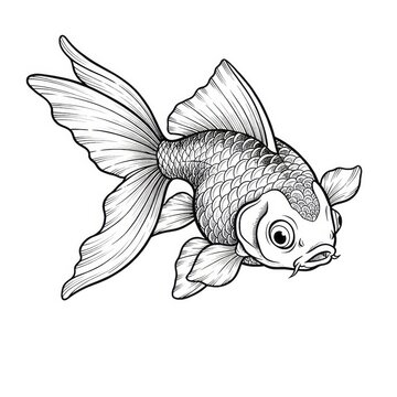 Hand drawn ink sketch of Japanese Goldfish top view isolated on white background. Traditional tattoo illustration.