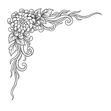 Hand drawn ink sketch of Chrysanthemum flower corner frame isolated on white background. Traditional tattoo illustration.