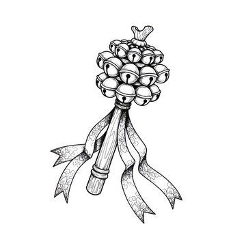 Hand drawn ink sketch of Kagura Suzu Shinto bells isolated on white background. Traditional tattoo illustration.