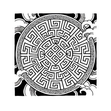 Hand drawn ink sketch of Sayagata geometric key fret pattern isolated on white background. Traditional tattoo illustration.