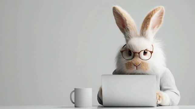 rabbit wearing glasses and business shirt, sitting at a desk with laptop and coffee mug, plain light background, full body visible