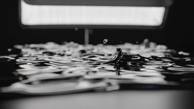 Liquid metal waves flowing across a surface with abstract patterns and dynamic movement in a close-up view