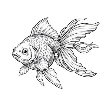 Hand drawn ink sketch of Japanese Ryukin Goldfish isolated on white background. Traditional tattoo illustration.