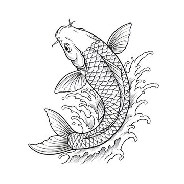 Hand drawn ink sketch of Japanese Koi fish swimming upstream isolated on white background. Traditional tattoo illustration.
