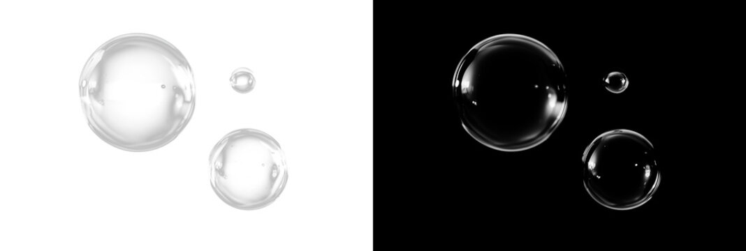 Three transparent soap bubbles of different sizes with soft white reflections on split background. Minimalistic clean illustration with realistic glossy effect.