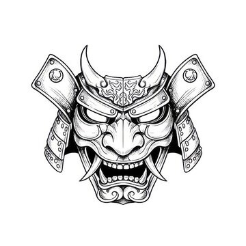 Hand drawn ink sketch of Samurai half mask Mempo isolated on white background. Traditional tattoo illustration.