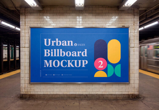 Subway Wall Billboard Mockup With Train