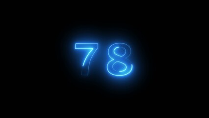 Glowing blue neon number seventy eight on black background
