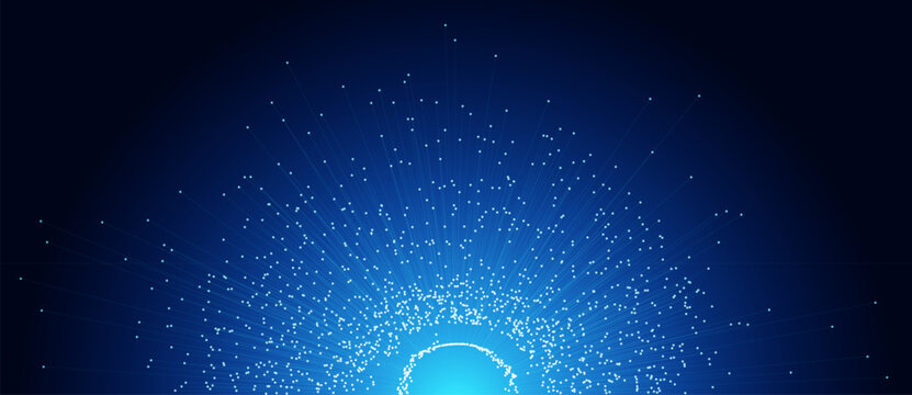 Abstract glowing blue radial lines with dots in semicircle form. Futuristic data visualization of network nodes and digital connectivity. Technical background for tech and science design.
