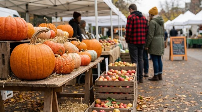 Autumn Harvest Farmers Market with Pumpkins and Apples