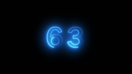 Glowing blue neon number sixty three on black background