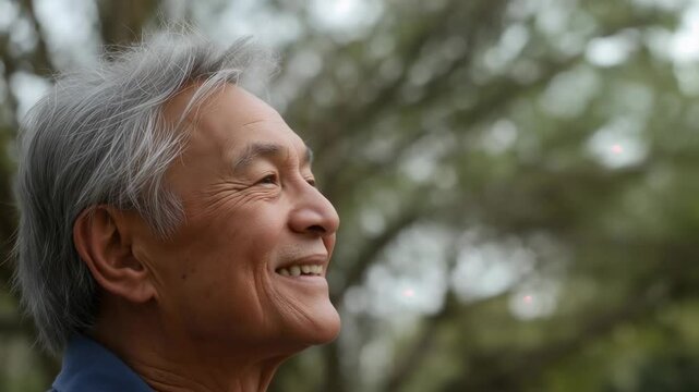 Smiling man in navy shirt closing eyes, feeling diffuse daylight in park with trees, copy space