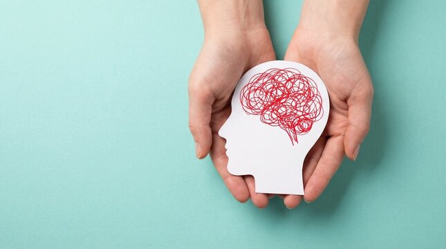 Hands holding paper head silhouette with tangled red brain lines