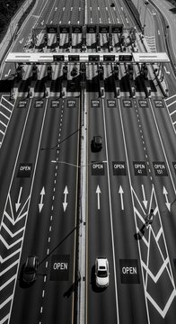 Aerial View Of Toll Plaza With Vehicles Passing Through, Black And White Photography