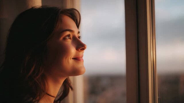 Reacting to warm sunlight, woman in light top lifting gaze at apartment window, smiling with choker