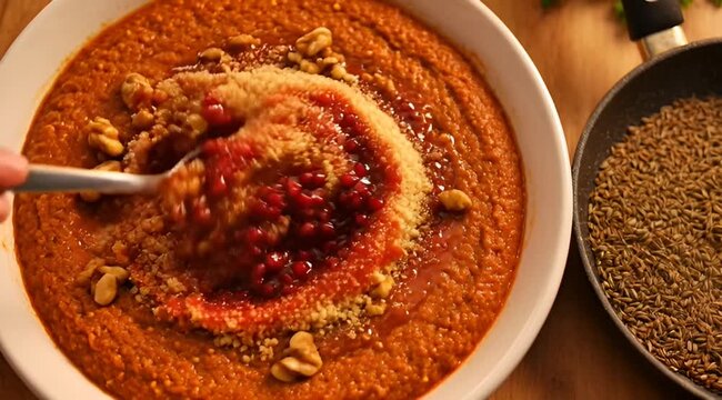 Delicious creamy orange soup with pomegranate seeds, couscous, and walnuts on top
