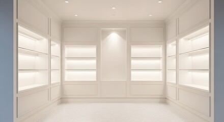 Fototapeta premium Interior of a modern empty walk in closet with white shelves and lighting suitable for luxury home decor and organization concept