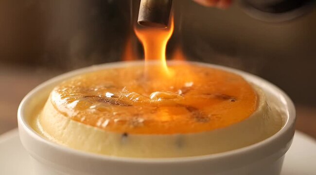 Burning sugar on creme brulee with a kitchen torch in a ramekin