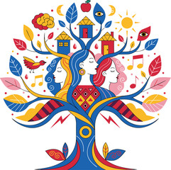 Fototapeta premium Adobe Illustrator Artwork Colorful tree logo with vibrant leaves, dark trunk, and roots against a white background 