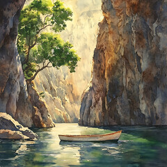 Serene nature escape with a small boat gliding between steep mountain walls, sunlight highlighting rocky textures and lush greenery Rajasthani miniature techniques, fine brush detailing,