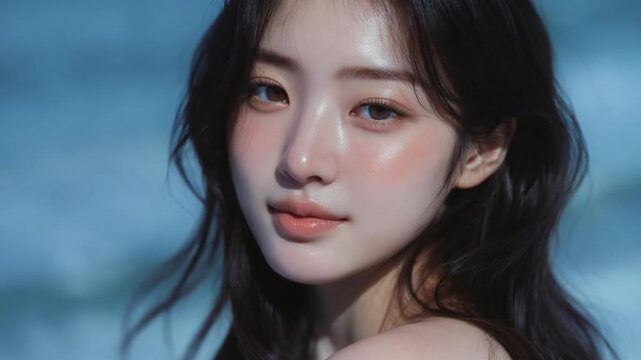 Close-up of a beautiful young Asian woman with natural makeup looking at camera