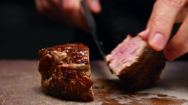 Close-up of hand slicing through juicy beef steak, revealing tender pink interior, on wooden cutting board in a well-lit kitchen setting