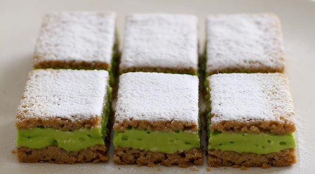 Delicate green tea matcha sandwich cookies dusted with powdered sugar delicacy