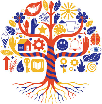 Adobe Illustrator Artwork   Colorful tree logo with vibrant leaves, dark trunk, and roots against a white background
