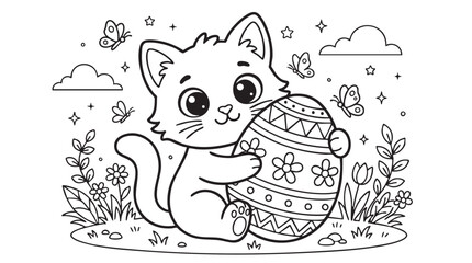 Easter Bunny Coloring Page Cute Kitten Holding Decorated Egg