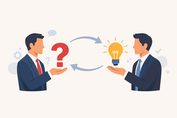 Two businessmen exchanging a question mark and a light bulb, symbolizing problem solving, business solutions, brainstorming, innovation, and effective communication in a professional office.