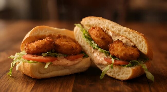 Close up of two crispy fried shrimp po'boy sandwiches on wood surface