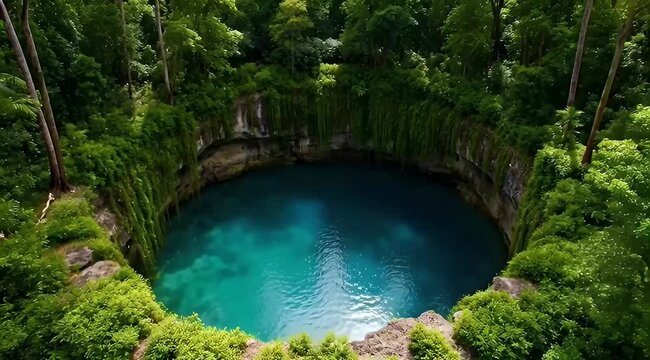 Breathtaking aerial view of a lush tropical sinkhole with turquoise water