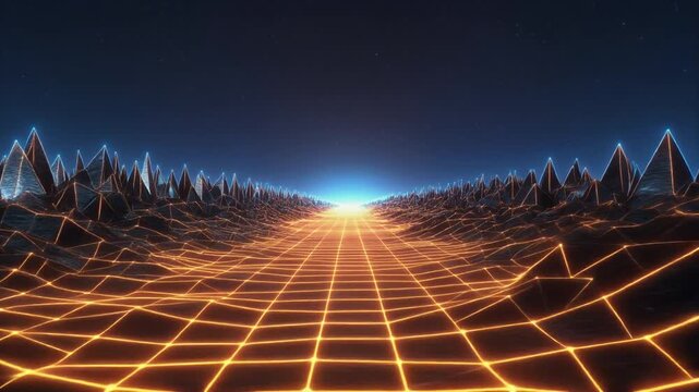 A futuristic landscape with glowing orange grid lines and 3D triangular mountains under a dark blue sky viewed from a low angle